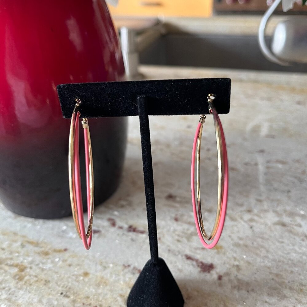 Dual Wire Hoop Earrings in Gold and Coral, New